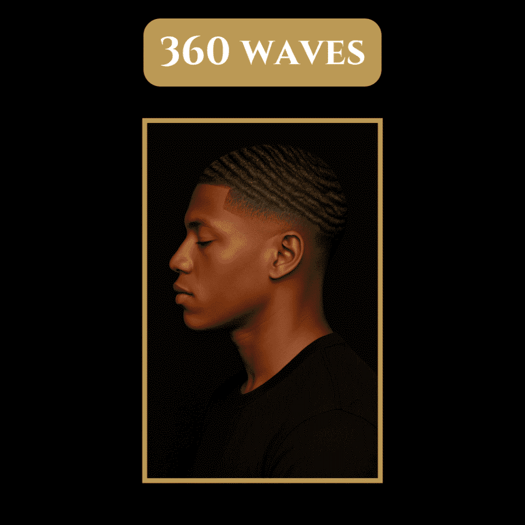 360 Waves Haircut for Black Men Side profile of a Black man with 360 waves and a clean taper fade on a black background