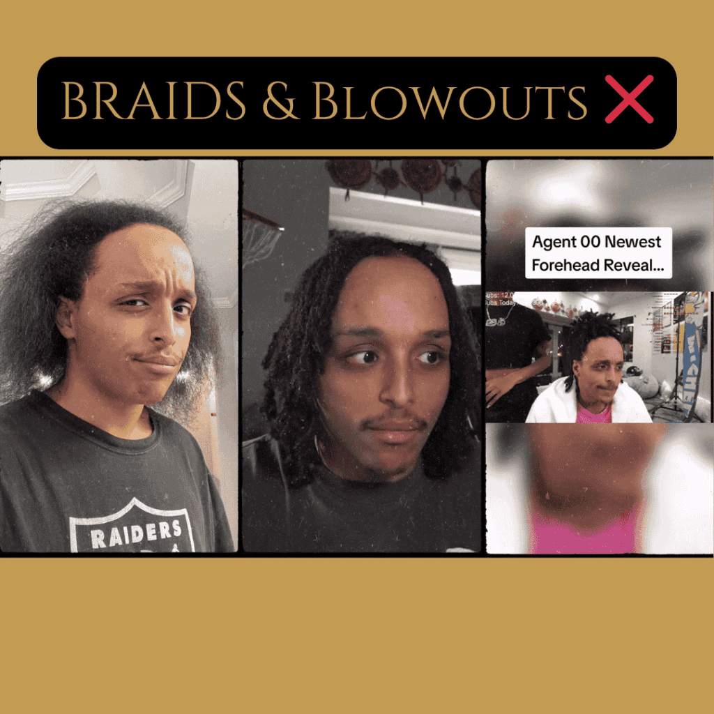 Three images of Agent 00 with braids and pulled-back styles, showing how certain hairstyles highlight a larger forehead Three images of Agent 00 with braids and pulled-back styles, showing how certain hairstyles highlight a larger forehead