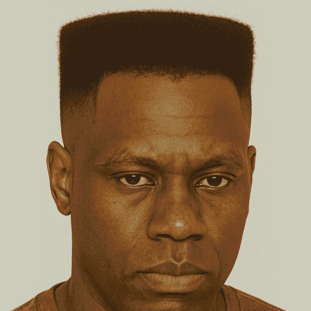 Black man with a box cut exposing sharp corners and a receding hairline Black man with a box cut exposing sharp corners and a receding hairline
