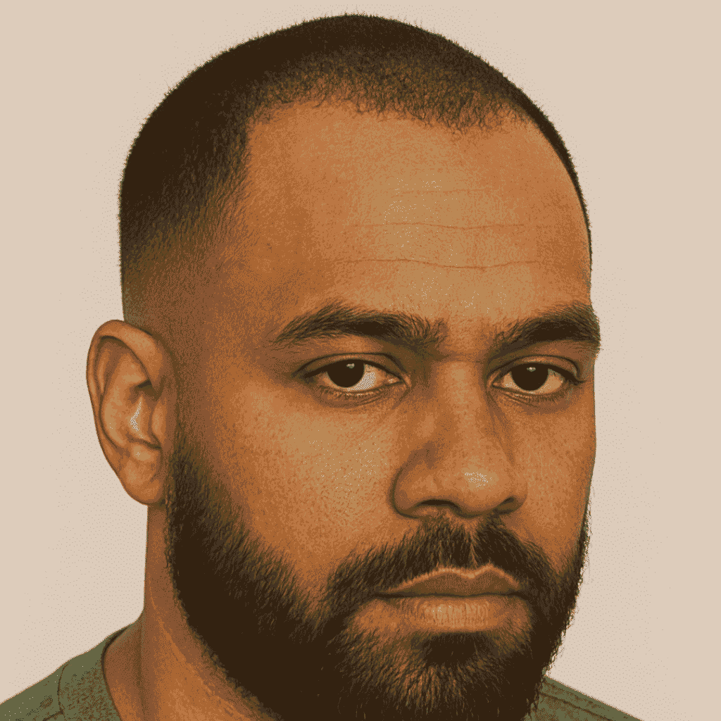 Black man with a buzz cut and full beard for a balanced look with hairline recession Black man with a buzz cut and full beard for a balanced look with hairline recession