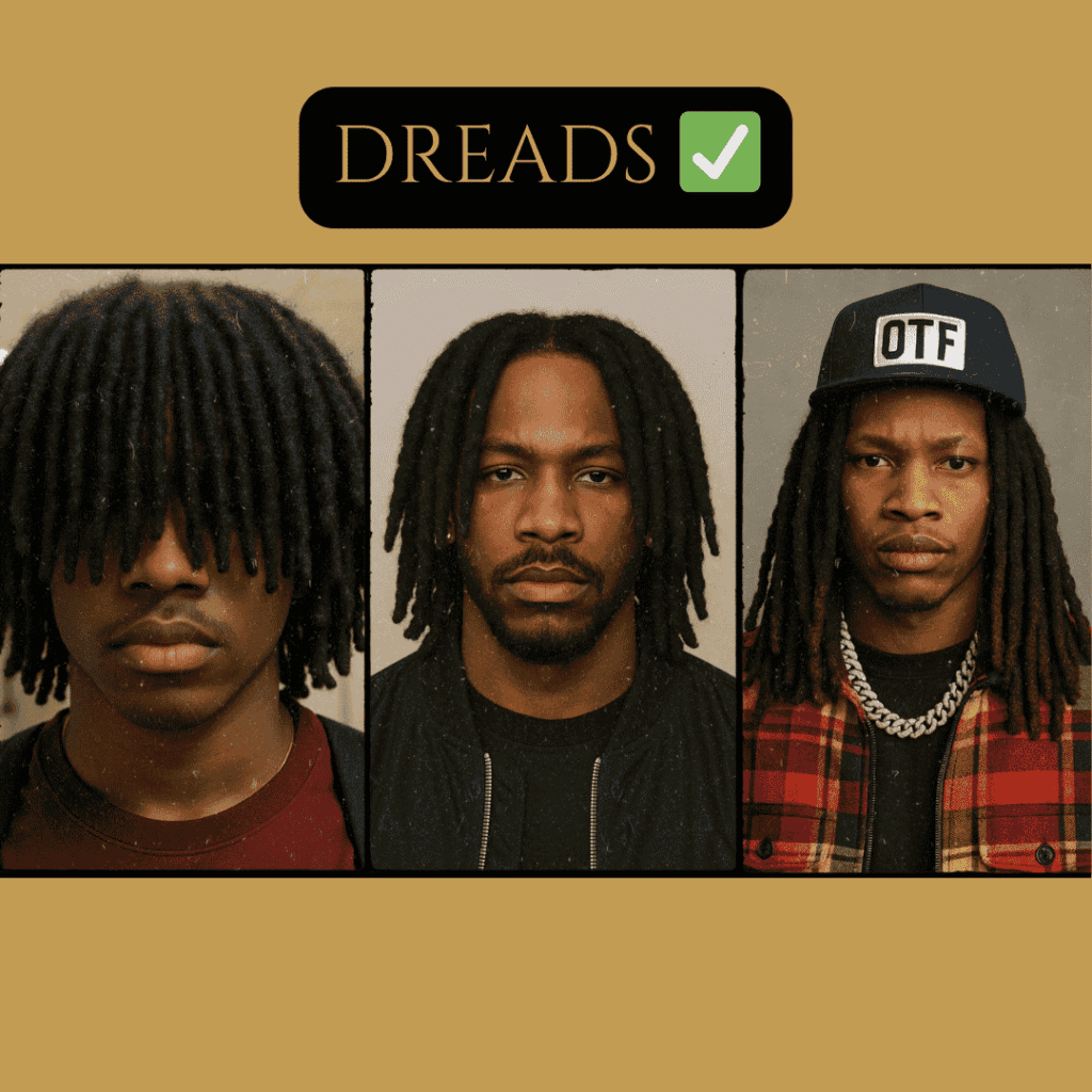 Three Black men wearing forward-hanging dreadlocks that help frame the forehead and soften facial features Three Black men wearing forward-hanging dreadlocks that help frame the forehead and soften facial features