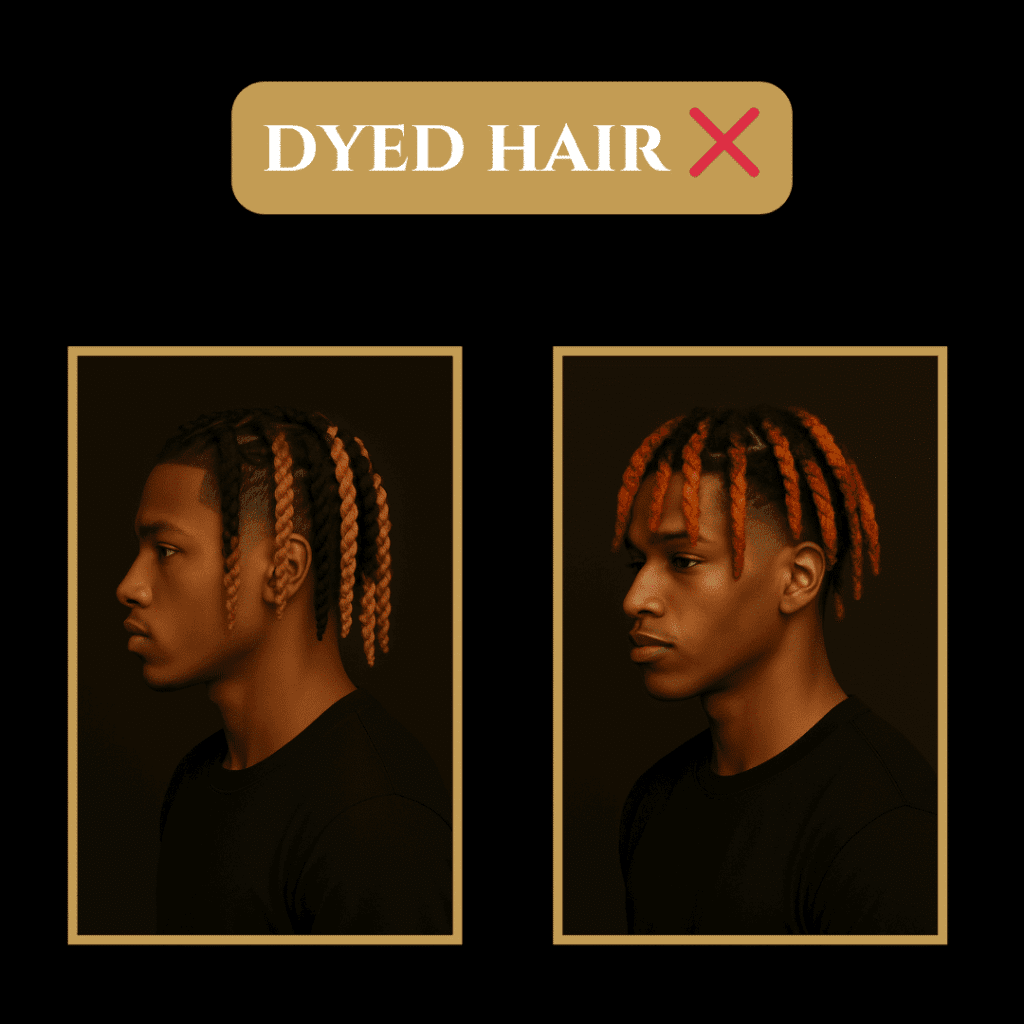 Dyed Hair – Not Corporate Friendly Style for Black Men Black man with dyed orange braids in side and front profiles, marked as unprofessional for corporate settings