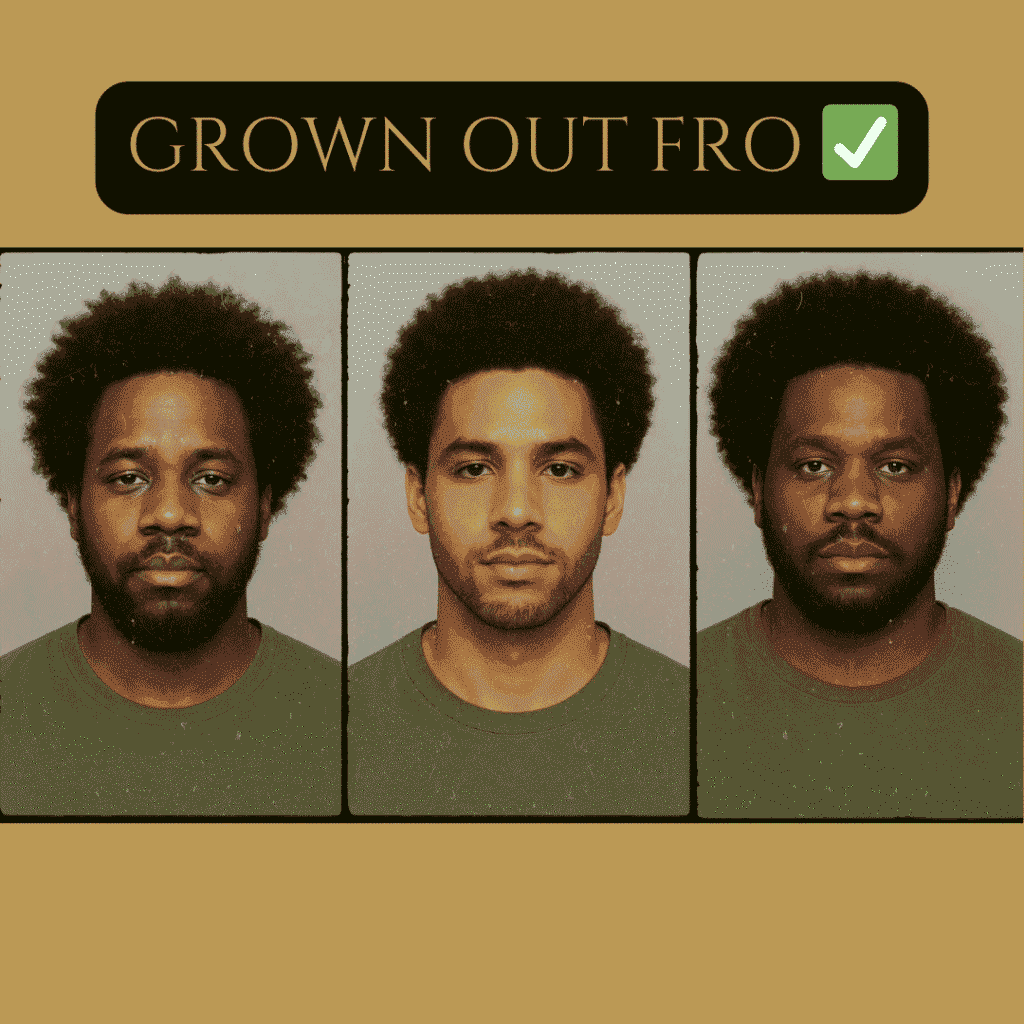Front-facing portraits of Black men with grown-out afros showing natural volume and soft edges—ideal for balancing a larger forehead Front-facing portraits of Black men with grown-out afros showing natural volume and soft edges—ideal for balancing a larger forehead