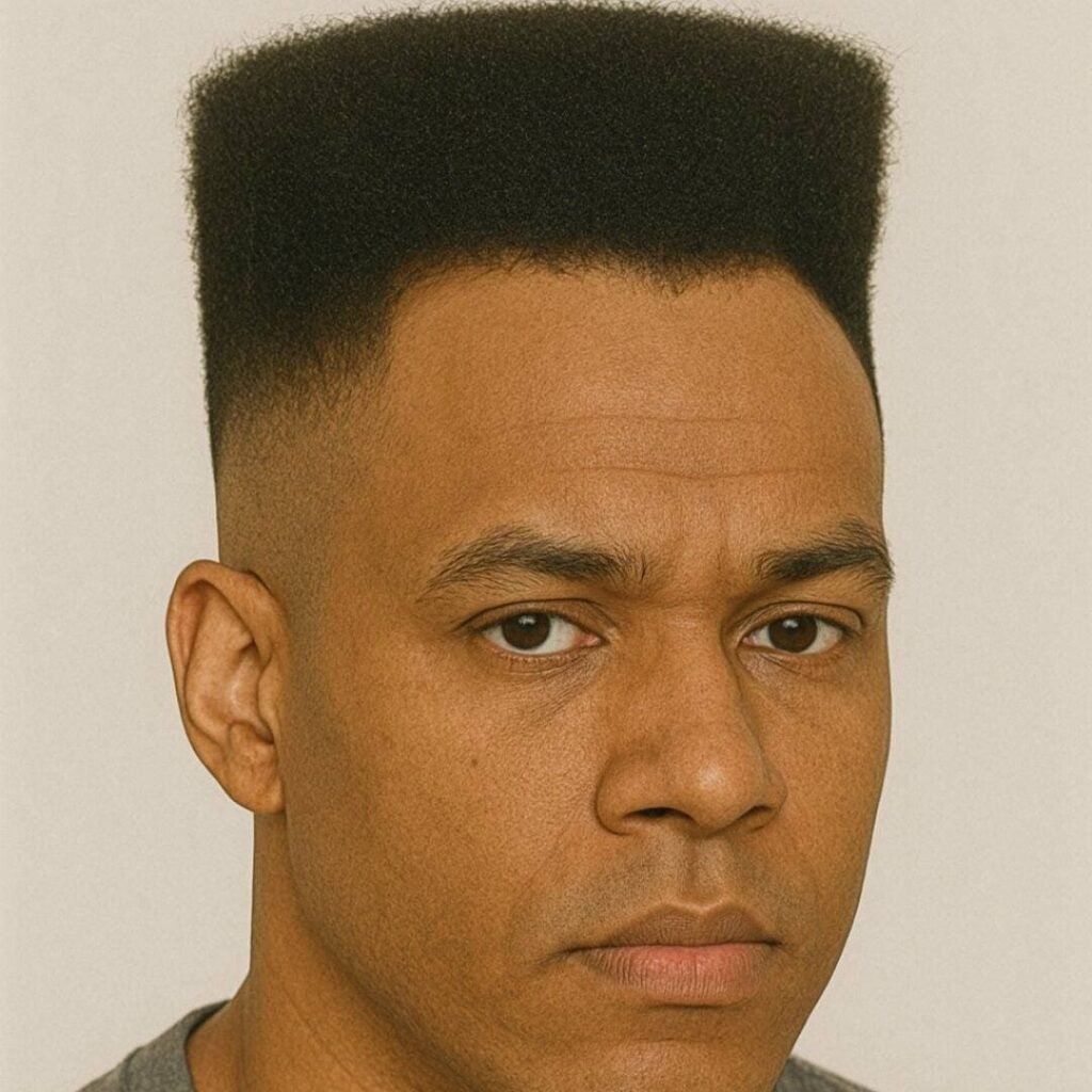 Black man with a high top fade helping mask temple thinning and crown recession
