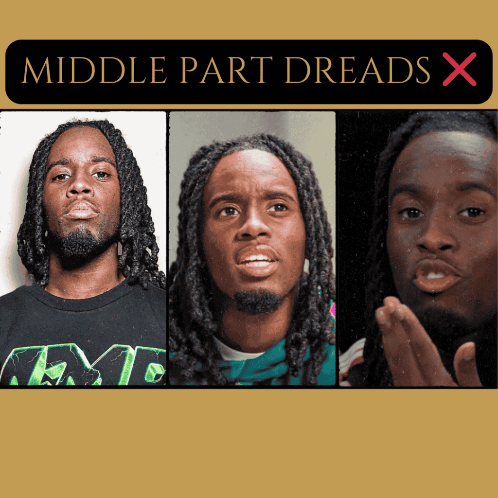 Three images of Kai Cenat wearing middle part dreads, highlighting how the style emphasizes a larger forehead Three images of Kai Cenat wearing middle part dreads, highlighting how the style emphasizes a larger forehead
