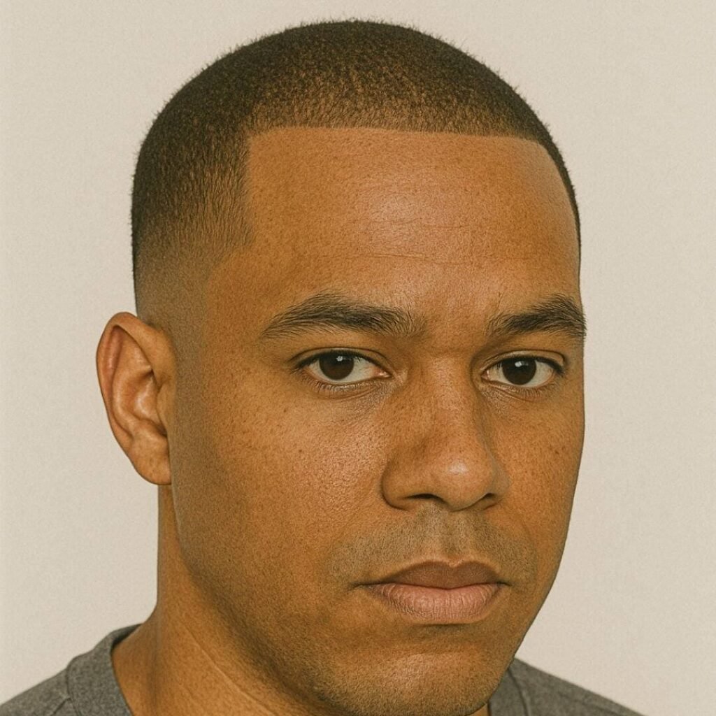 Black man with a sharp lineup on thin hair making the hairline look pushed back Black man with a sharp lineup on thin hair making the hairline look pushed back
