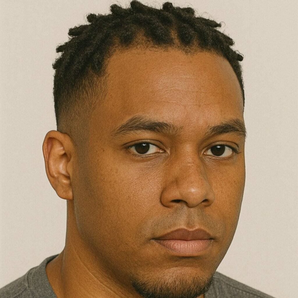 Black man with short twists and taper fade covering the forehead and corners Black man with short twists and taper fade covering the forehead and corners