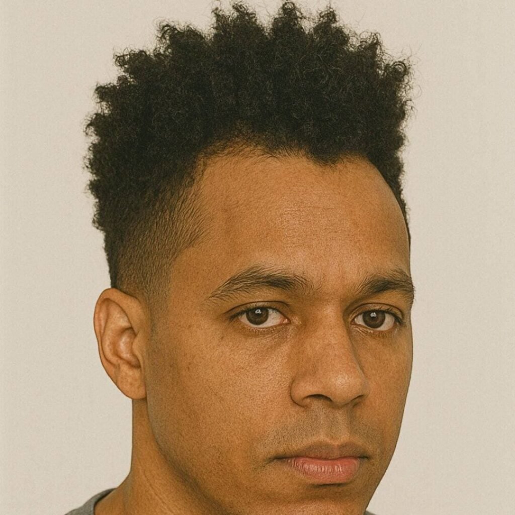 Black man with a textured frohawk drawing attention away from a fading hairline Black man with a textured frohawk drawing attention away from a fading hairline
