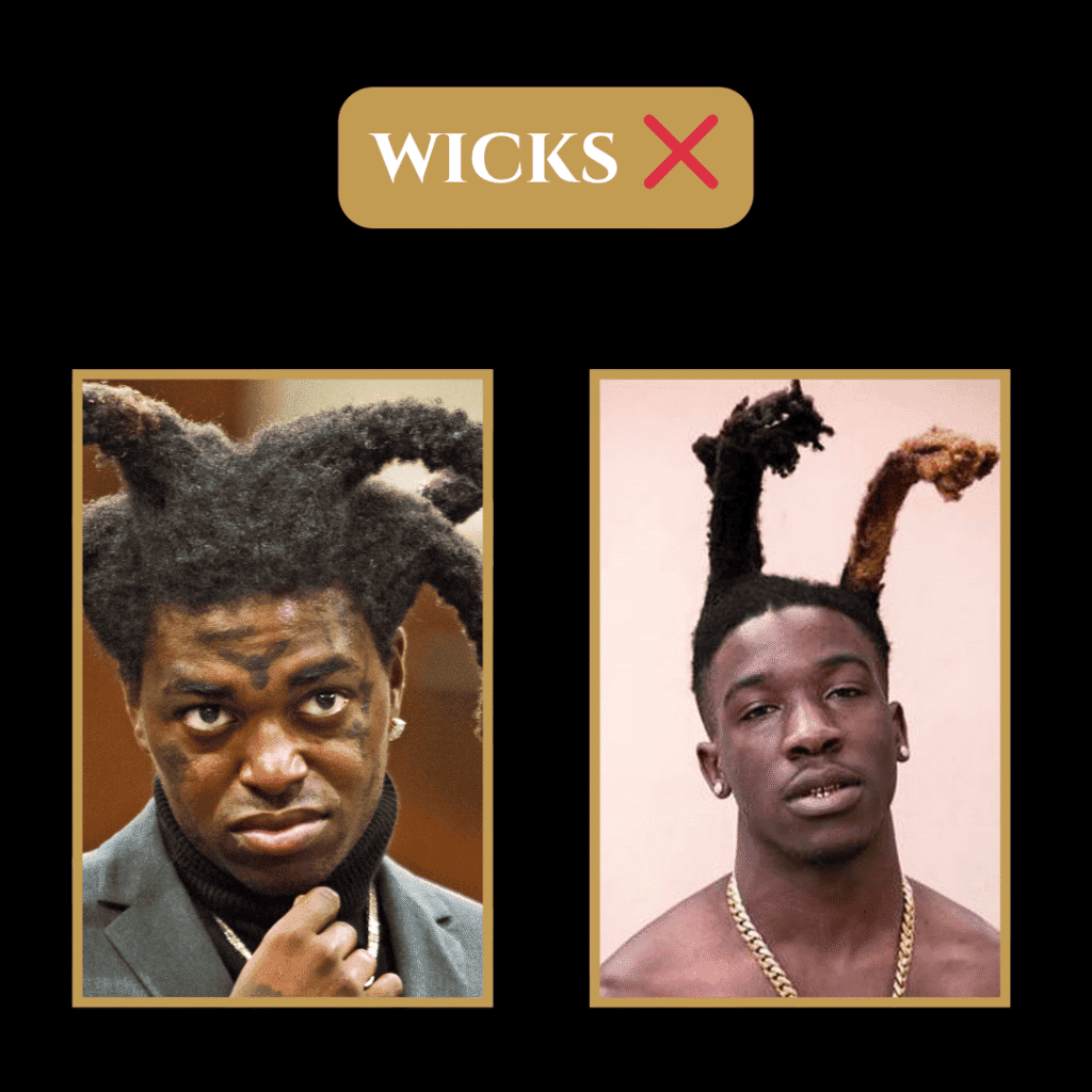 Unkept Wick Dreads (Not Corporate Approved) Side-by-side photos of men with unkept wick dreadlocks, labeled as not suitable for corporate settings