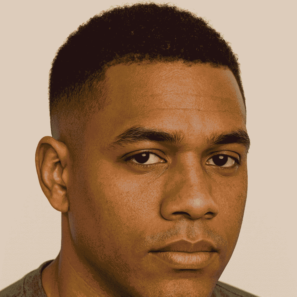 Black man with a bald fade and short curls to shift attention from the hairline Black man with a bald fade and short curls to shift attention from the hairline