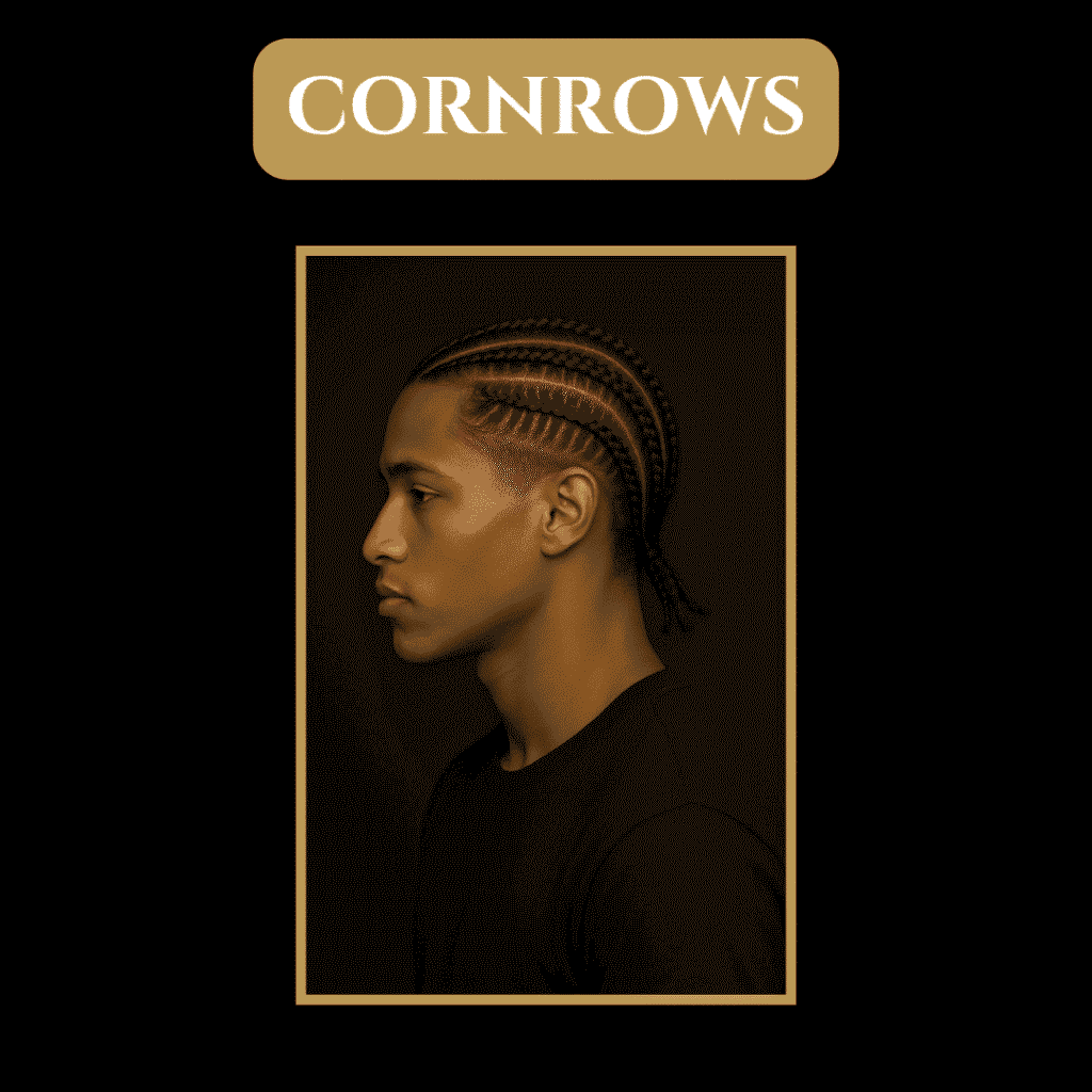 Cornrows – Neat and Professional Braided Style Black man wearing clean, neatly braided cornrows—classic protective style suitable for corporate or professional environments