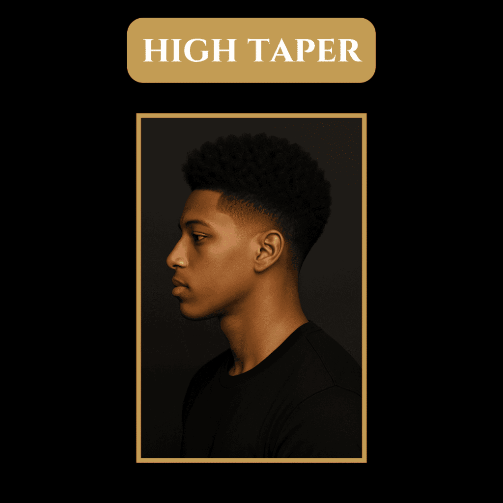 High Taper Haircut for Black Men (Professional Style) Black man with a high taper haircut, side profile on a dark background