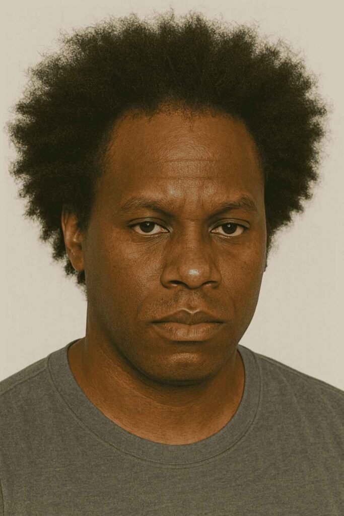Black man with full grown out afro, soft shape, slightly receding hairline partially hidden by volume. Black man with full grown out afro, soft shape, slightly receding hairline partially hidden by volume.