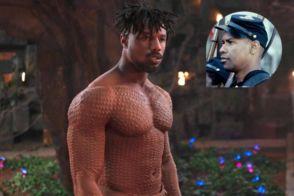 Killmonger + Classic Military Roles Michael B. Jordan shirtless as Killmonger in Black Panther, with an inset of Denzel Washington in a military role, highlighting generational style and physique