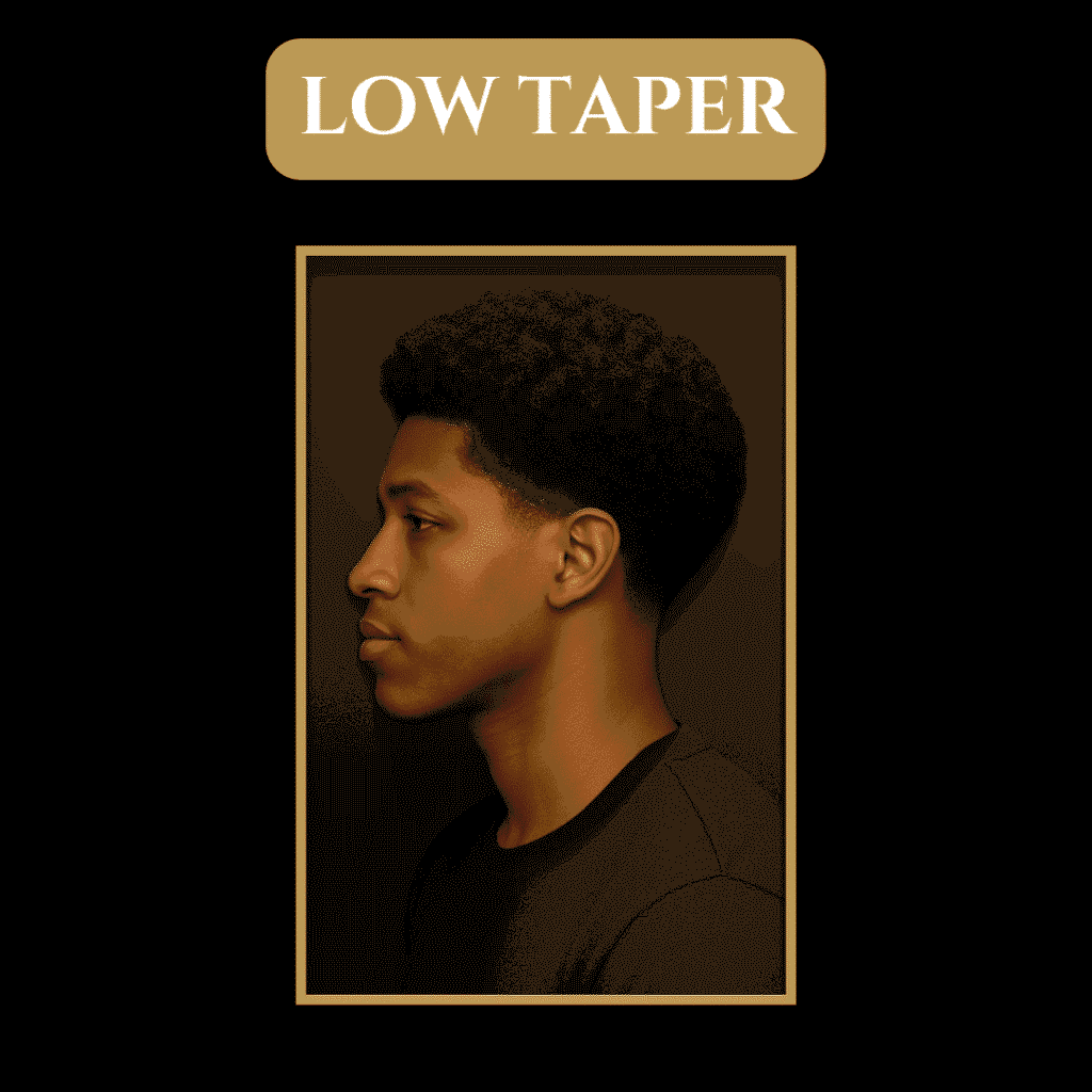 Low Taper – Subtle Fade With Natural Top Black man with a low taper fade and natural textured top—clean and subtle cut ideal for formal or professional settings
