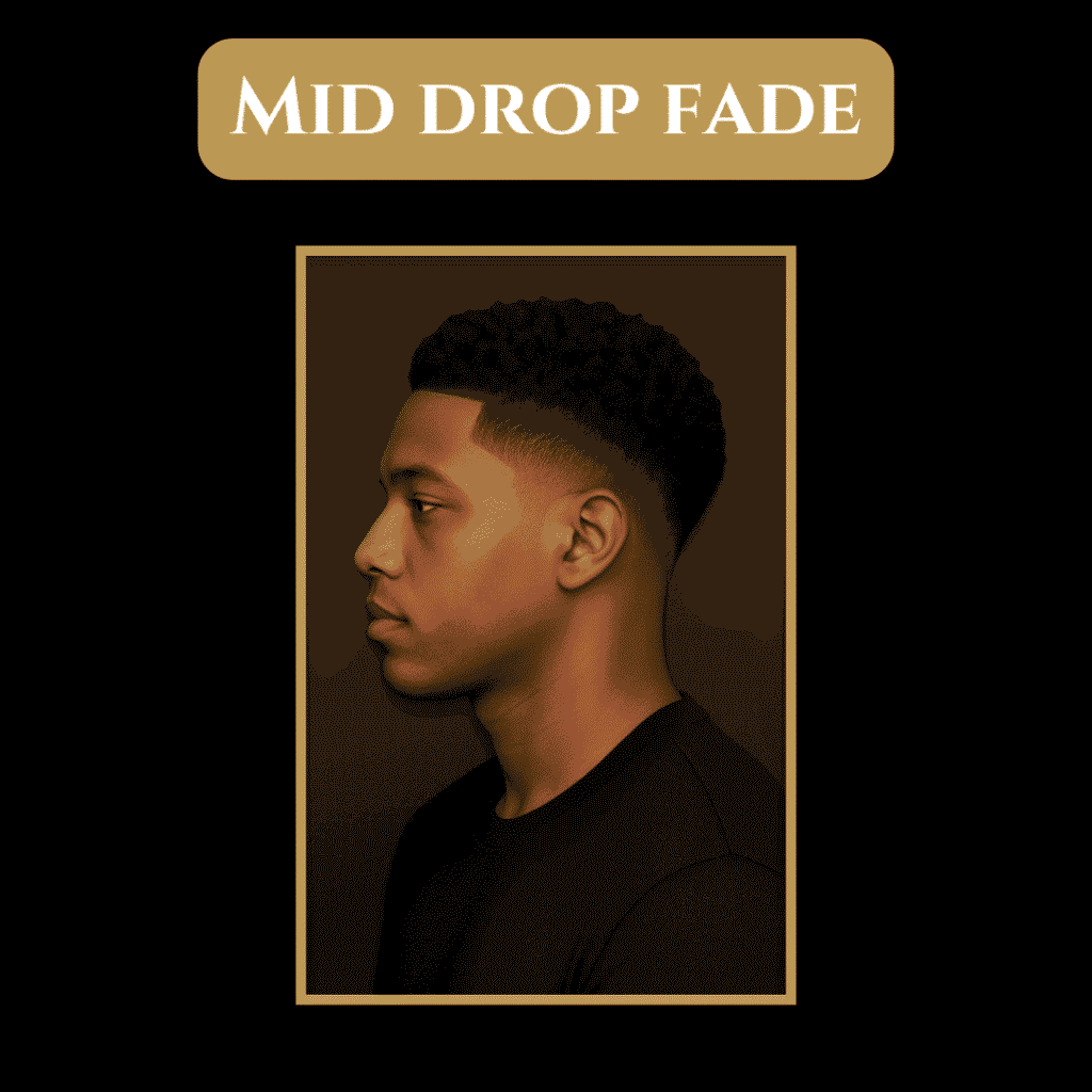 Mid Drop Fade – Balanced and Clean Cut Black man with a mid drop fade and dense curls on top—balanced cut with a natural slope around the ear