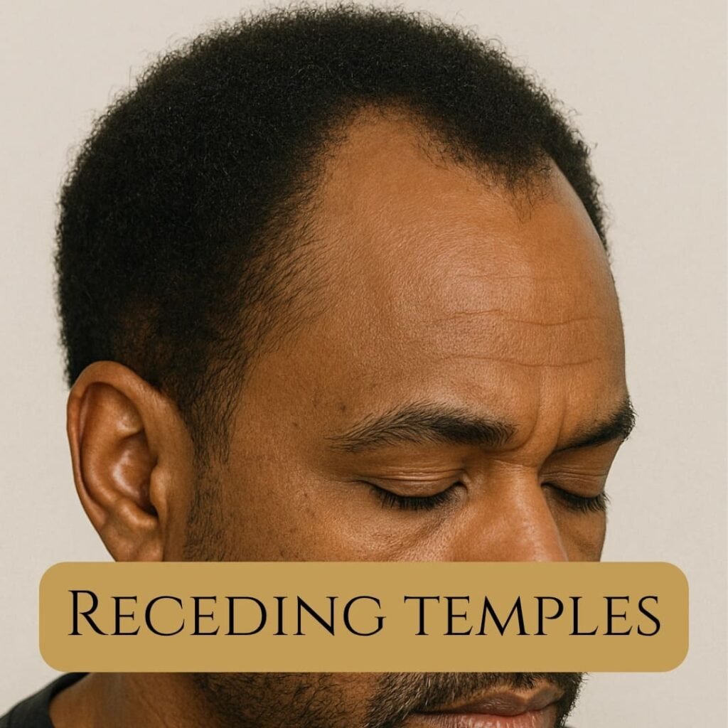 Black man with receding temples showing early signs of hairline loss Black man with receding temples showing early signs of hairline loss
