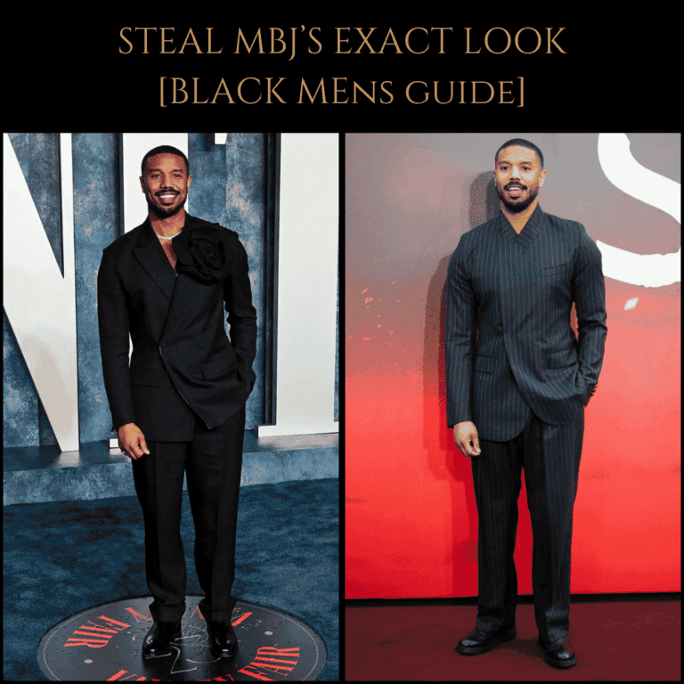 Michael B. Jordan in two stylish red carpet outfits side by side with bold text ‘Steal MBJ’s Exact Look [Black Men’s Guide]’ above.