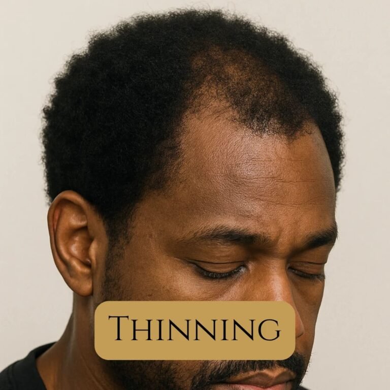 Black man with thinning hair on top, common in early-stage hair loss
