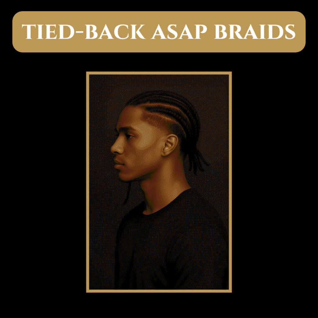 Tied-Back ASAP Braids – Clean Corporate Cornrow Style Black man with neatly braided and tied-back braids—clean, low-profile hairstyle ideal for professional and corporate settings