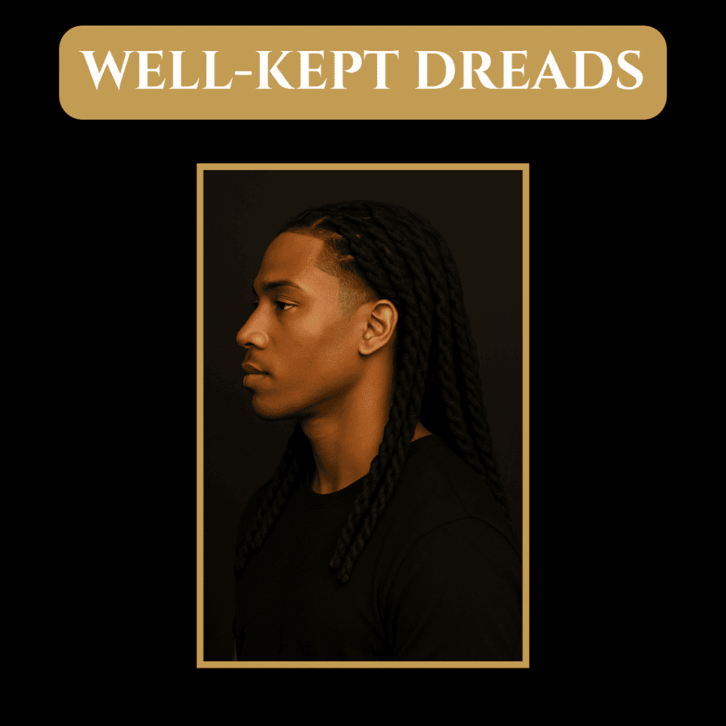 Well-Kept Dreads – Corporate-Friendly Protective Style Black man with long, neatly retwisted and tied-back dreadlocks—clean and professional style suitable for corporate settings