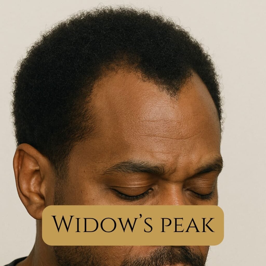 Black man with a widow’s peak hairstyle showing a V-shaped hairline pattern Black man with a widow’s peak hairstyle showing a V-shaped hairline pattern
