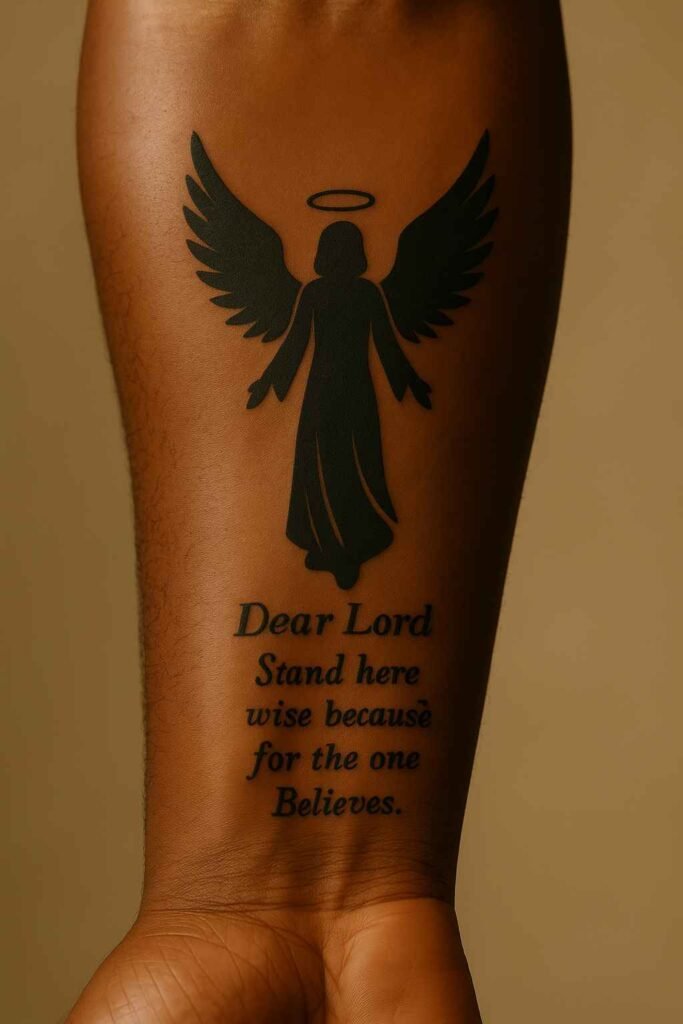Angel silhouette forearm tattoo for Black men Black man’s forearm tattoo of angel silhouette in black ink