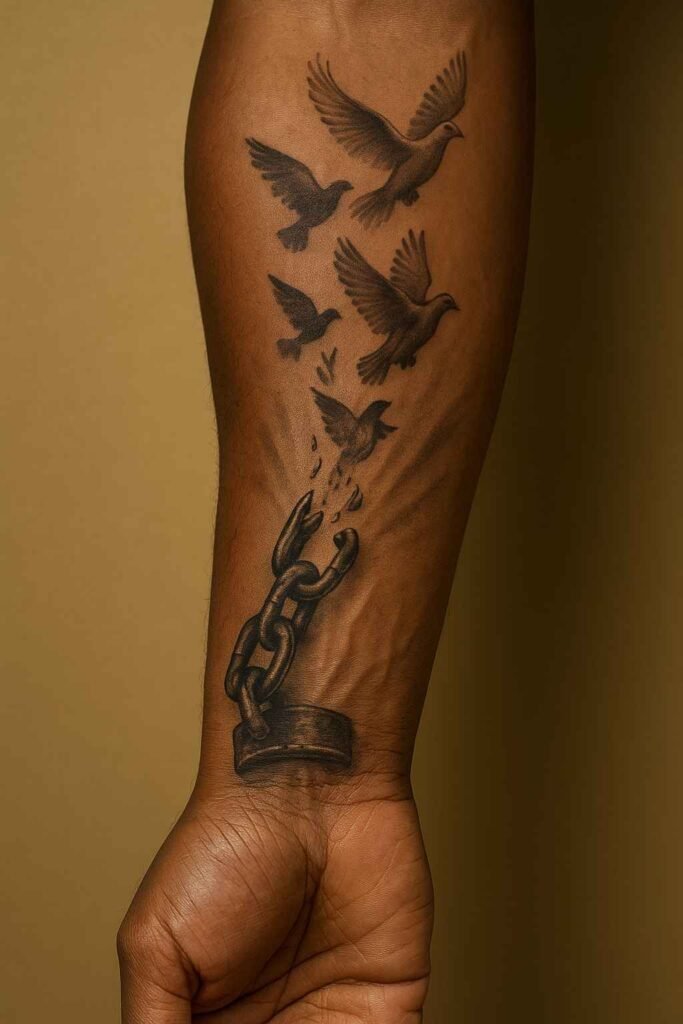 Breaking free with doves forearm tattoo for Black men Black man’s forearm tattoo of broken chains releasing doves