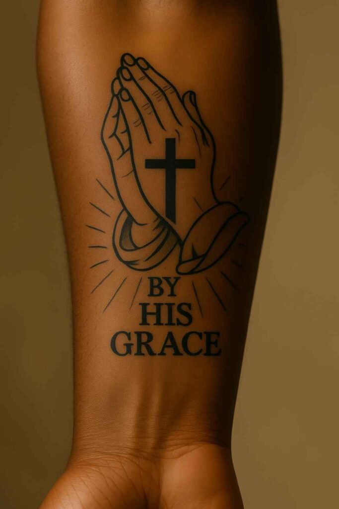 By His Grace forearm tattoo for Black men Black man’s forearm tattoo with “By His Grace” in elegant script