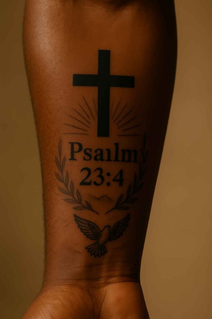 Cross and verse forearm tattoo for Black men Black man’s forearm tattoo with cross and Bible verse in black ink