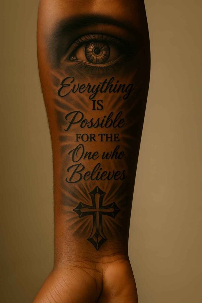 Eye of time and faith forearm tattoo for Black men Black man’s forearm tattoo of eye, clock, and faith elements combined