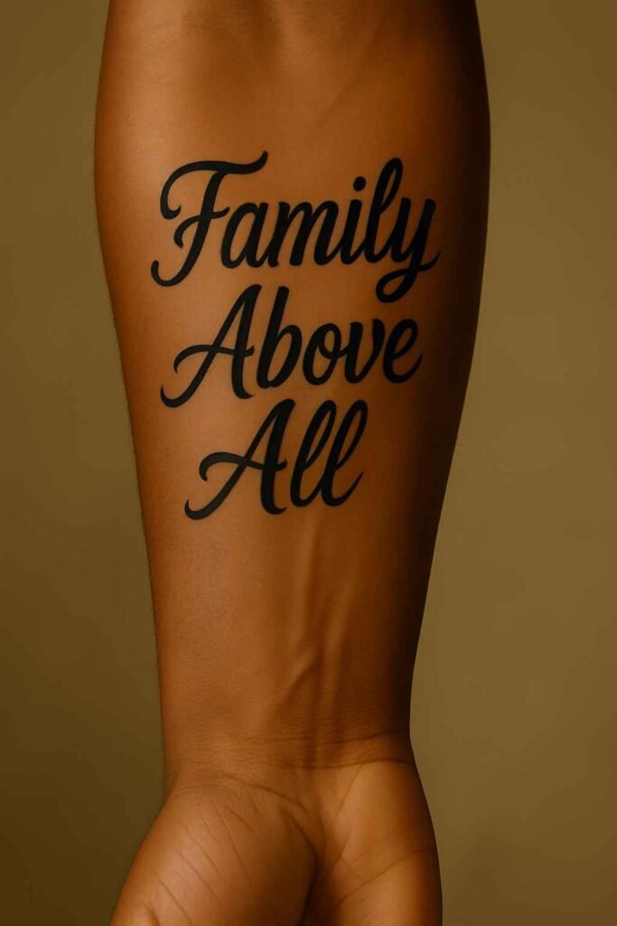 Family Above All Everything tattoo idea for Black men Black man’s forearm tattoo saying “Family Above All Everything” in black ink