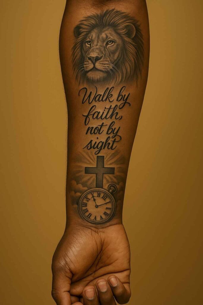Lion, faith script, and pocket watch forearm tattoo for Black men Black man’s forearm tattoo of lion with faith script and pocket watch