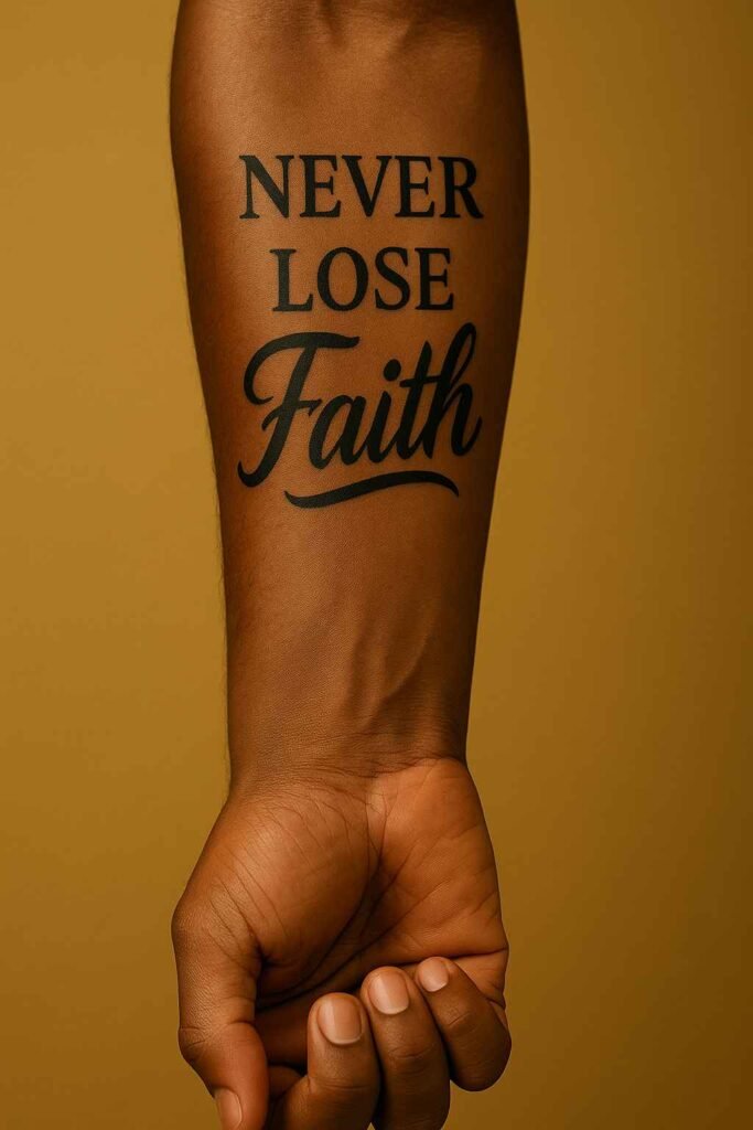 Never Lose Faith two-line forearm tattoo for Black men Black man’s forearm tattoo reading “Never Lose Faith” over two lines
