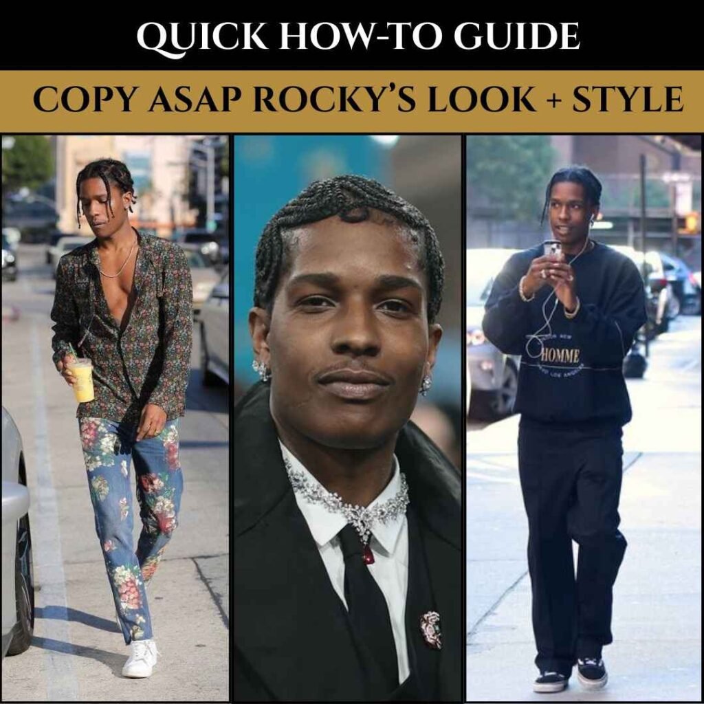 Asap Rocky How-To Style Guide – Outfits & Looks Asap Rocky wearing floral pants with blazer, a sharp black suit with tie, and a casual streetwear fit with hoodie and sneakers