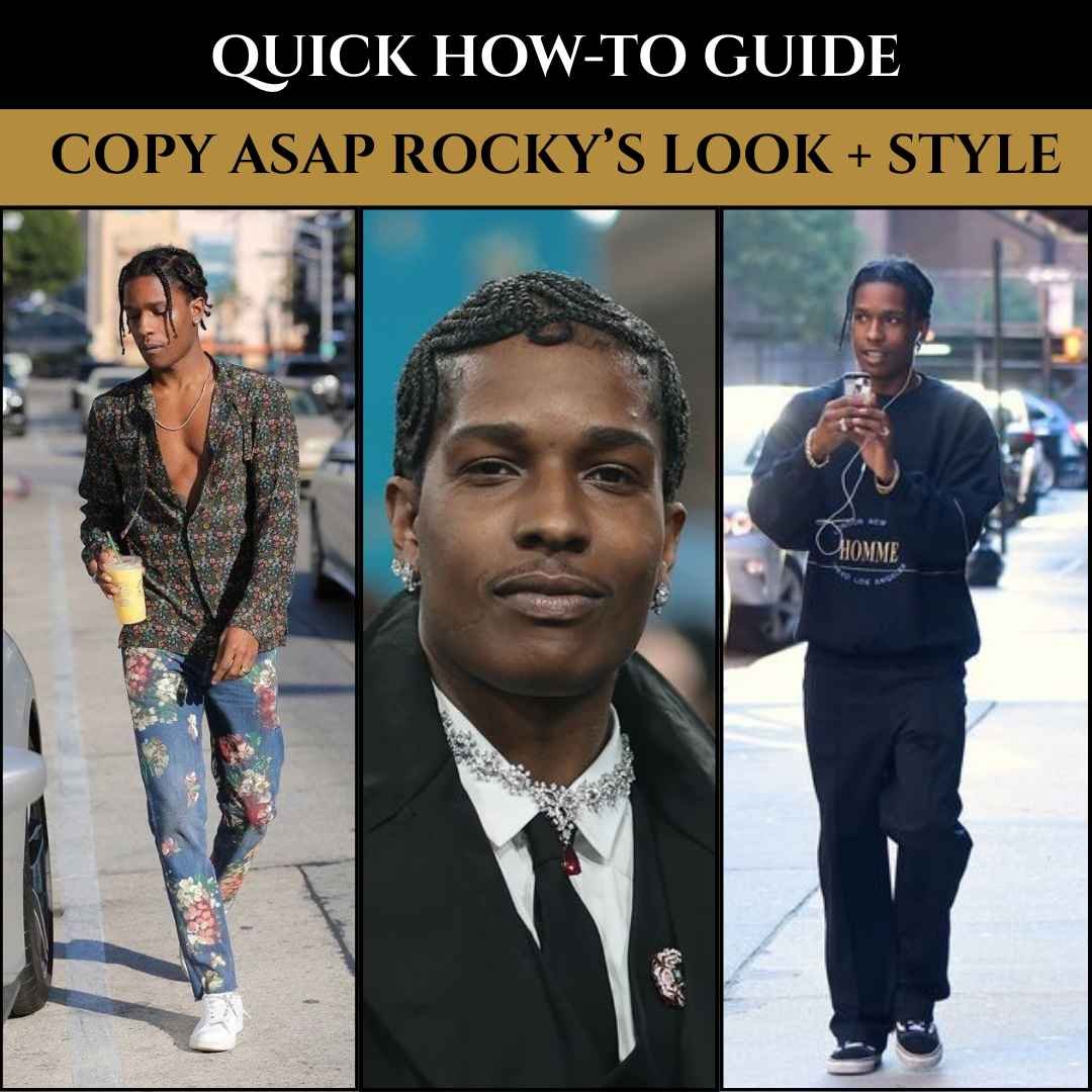 Asap Rocky wearing floral pants with blazer, a sharp black suit with tie, and a casual streetwear fit with hoodie and sneakers