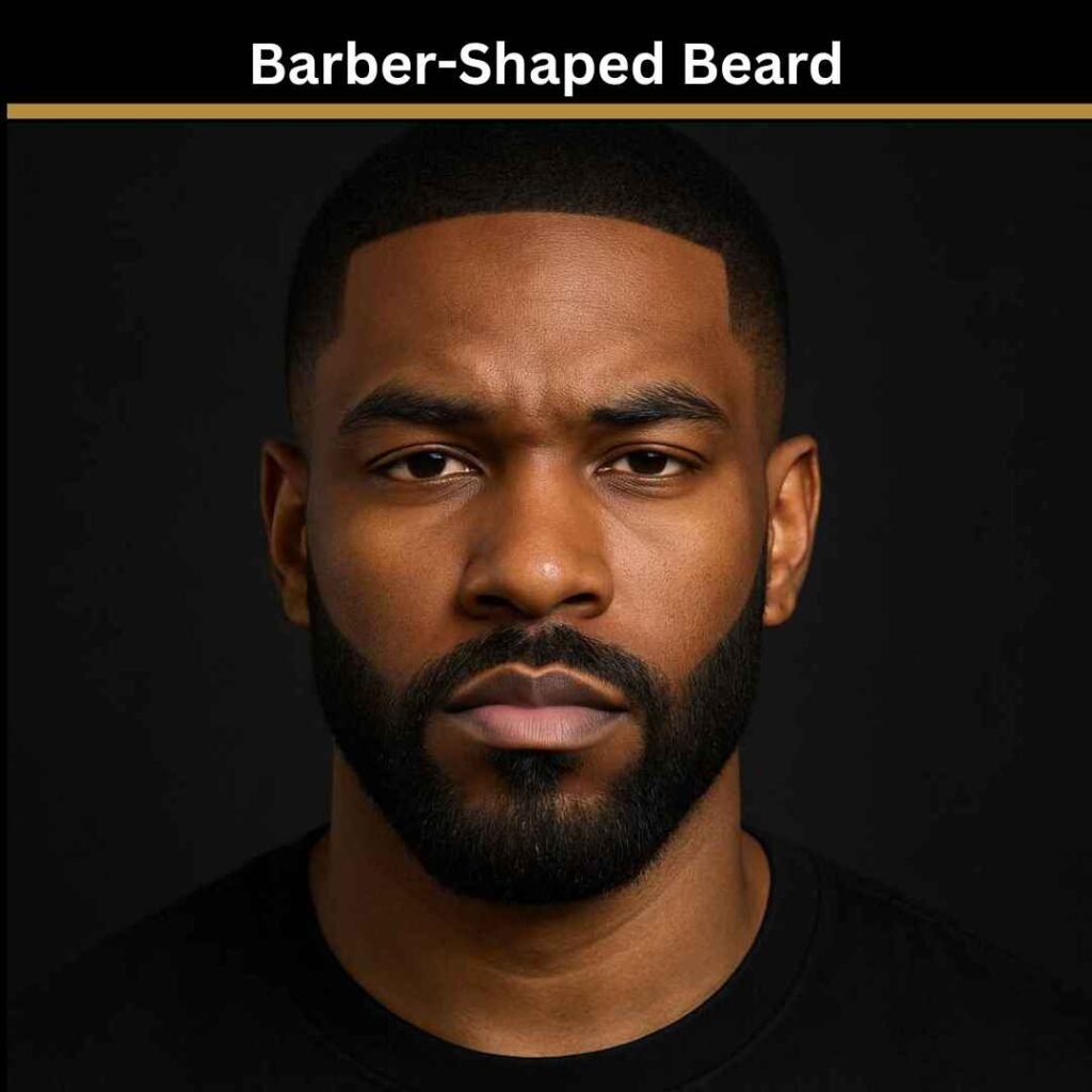 Close-up portrait of a Black man with a full, well-groomed beard and sharp lineup, wearing a black shirt against a dark background. Close-up portrait of a Black man with a full, well-groomed beard and sharp lineup, wearing a black shirt against a dark background.