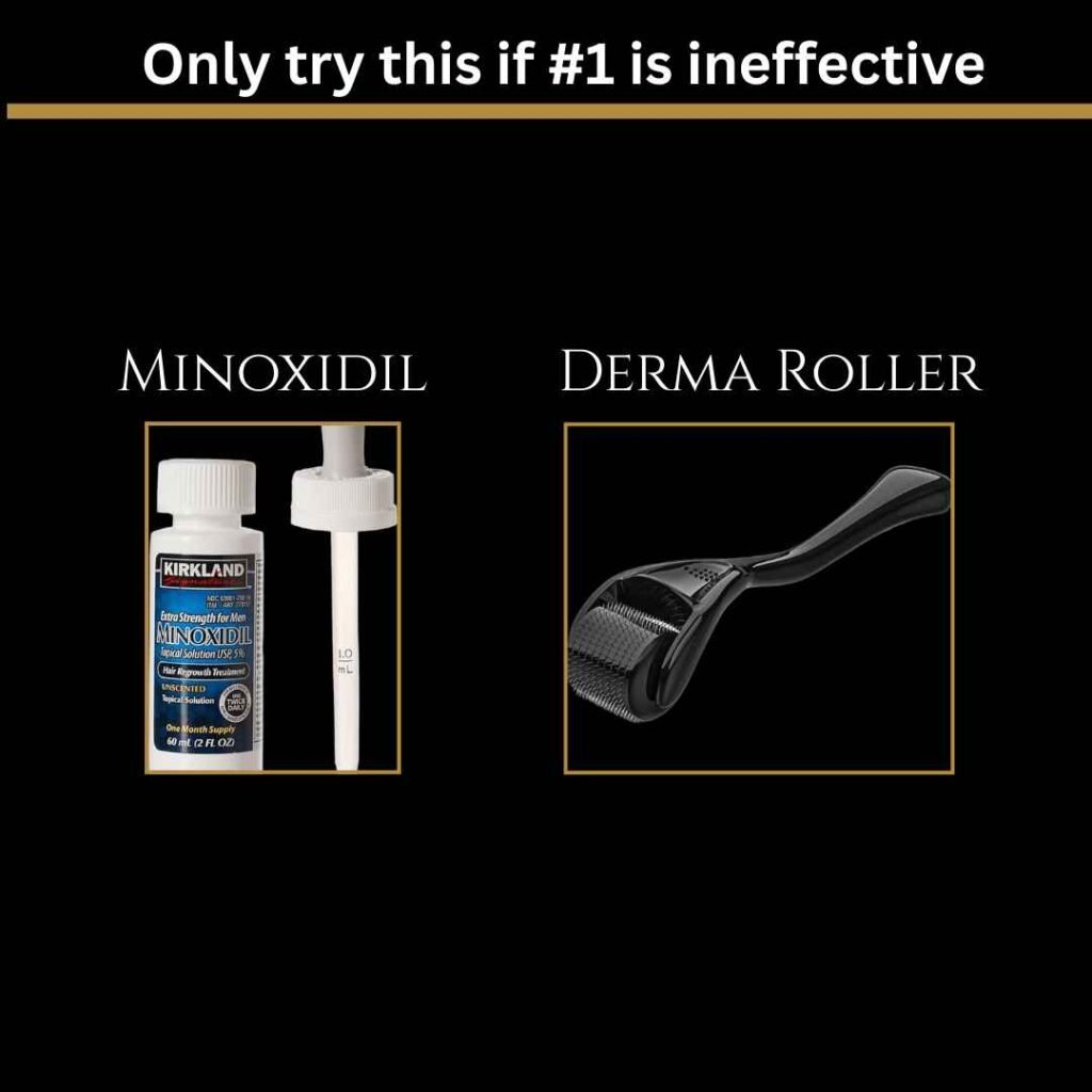 Minoxidil bottle with applicator and black derma roller side by side on a black background, labeled as beard growth products to try if natural oils are ineffective. Minoxidil bottle with applicator and black derma roller side by side on a black background, labeled as beard growth products to try if natural oils are ineffective.