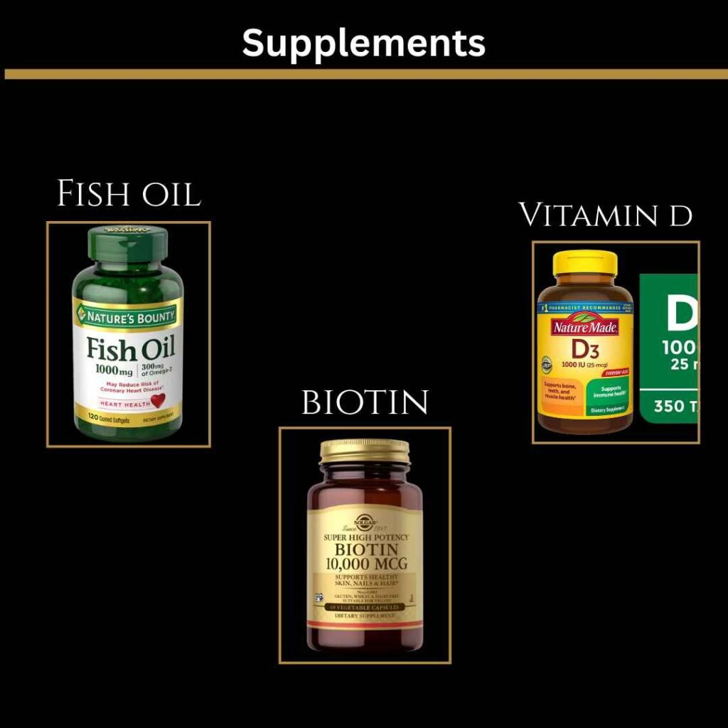 Beard growth supplements including fish oil, vitamin D, and biotin bottles displayed on a black background with gold trim. Beard growth supplements including fish oil, vitamin D, and biotin bottles displayed on a black background with gold trim.