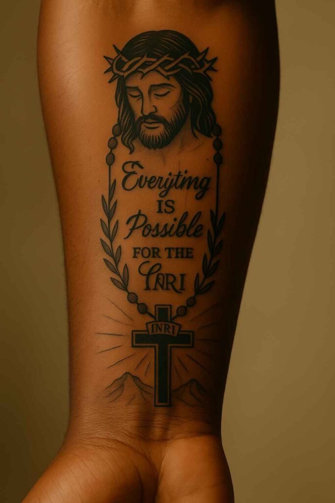Crown of thorns and rosary cross forearm tattoo for Black men Black man’s forearm tattoo of crown of thorns with rosary cross
