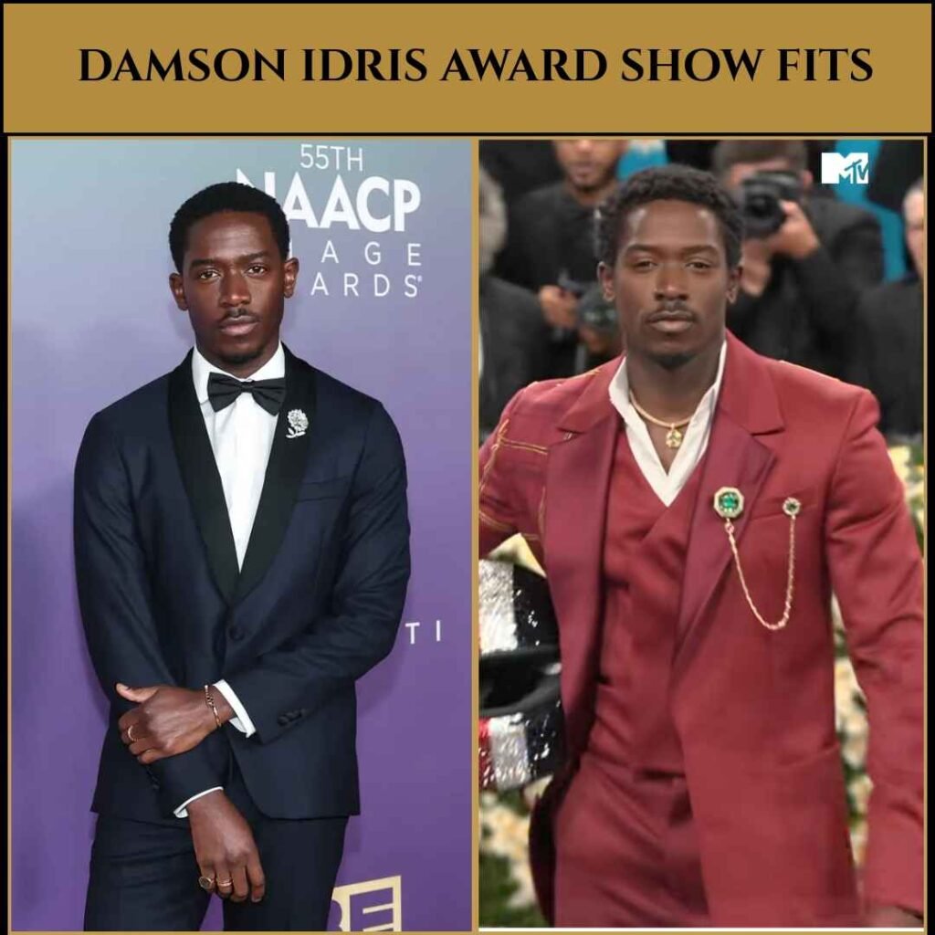 Damson Idris Award Show Suits – Style Guide Damson Idris wearing two award show suits—on the left, a fitted navy tuxedo with a black lapel and bow tie at the NAACP Image Awards, and on the right, a deep red three-piece suit with a chain accessory and open white shirt at the Met Gala.