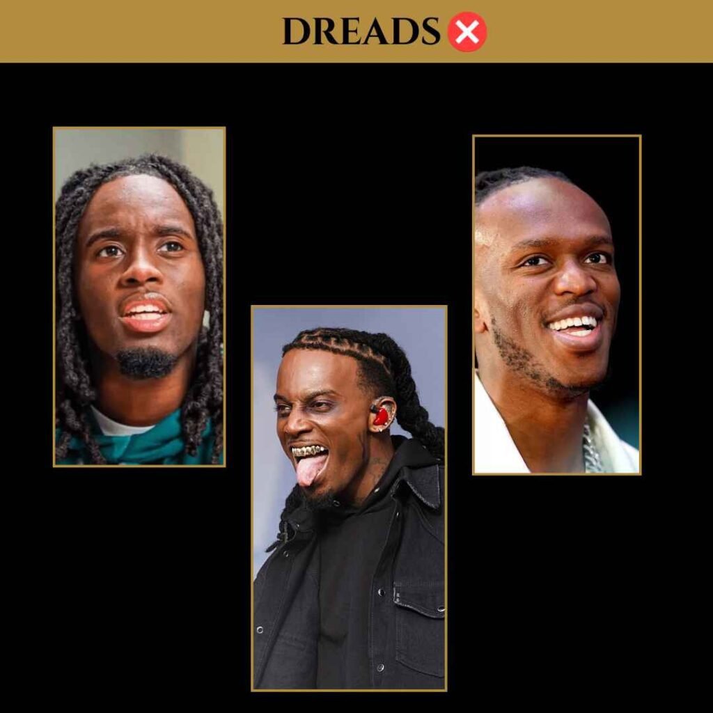 dreads-not-to-get-5 Collage of three men with dreadlocks under the header ‘DREADS’ showing different styles of dreads to avoid.