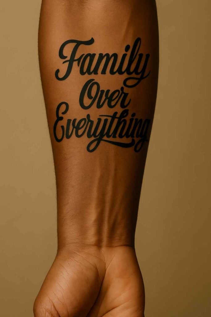 Family Over Everything forearm tattoo for Black men Black man’s forearm tattoo with “Family Over Everything” script in bold black ink