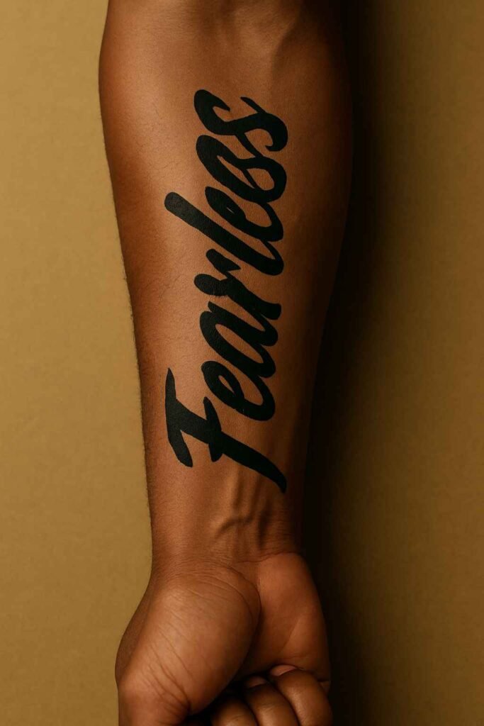 Fearless forearm tattoo for Black men Black man’s forearm tattoo with the word “Fearless” in cursive script