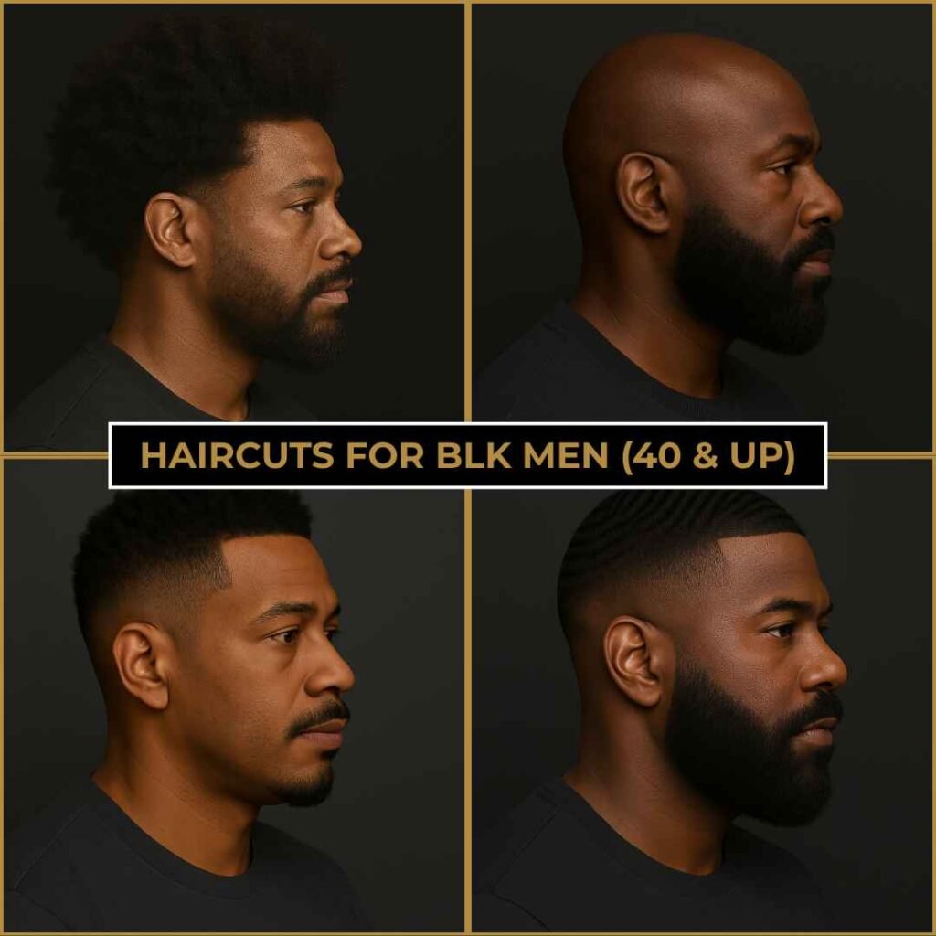 Collage of four older Black men with different hairstyles, including an afro with temp fade, bald with beard, mid fade, and tapered cut. Text overlay reads ‘Haircuts for Black Men (40 & Up)