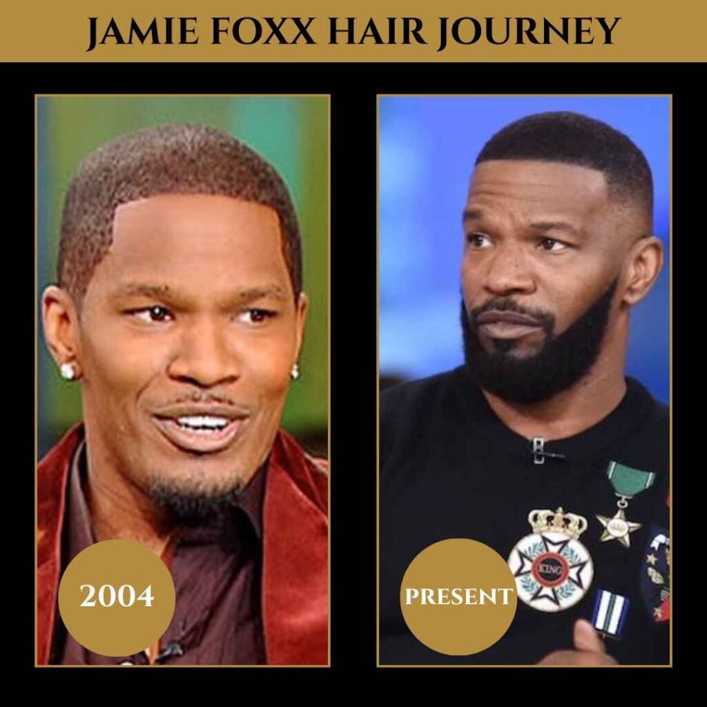 Jamie Foxx Hair Journey Side-by-side comparison of Jamie Foxx’s hair in 2004 with a short, even haircut, and his present look with a fuller, shaped hairstyle.