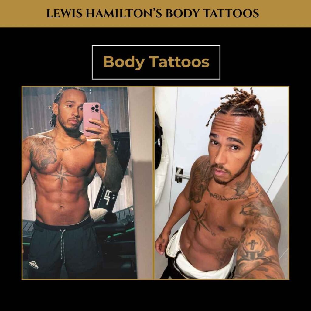 Lewis Hamilton Body Tattoos Lewis Hamilton showing off his body tattoos with shirtless selfies highlighting chest, arm, and shoulder ink.