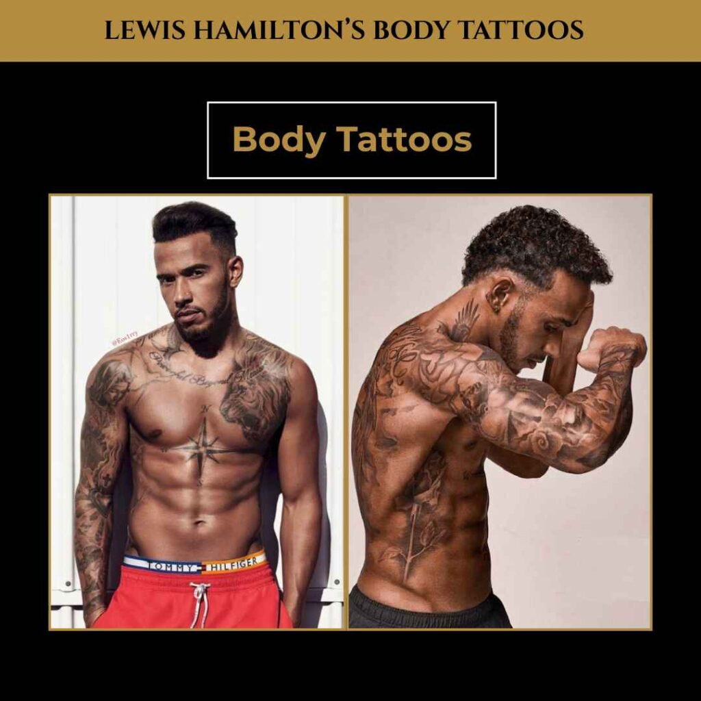 Lewis Hamilton Body Tattoos Lewis Hamilton showing off his upper body tattoos, featuring detailed ink across his chest, shoulders, and arms.