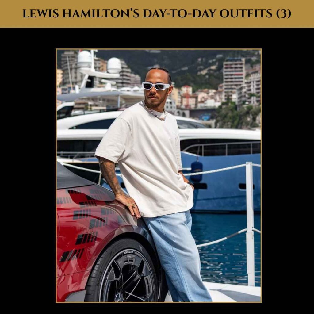 Lewis Hamilton Day-to-Day Outfits (3) Lewis Hamilton in a relaxed cream t-shirt and light blue jeans, paired with white sunglasses, leaning against a sleek sports car.