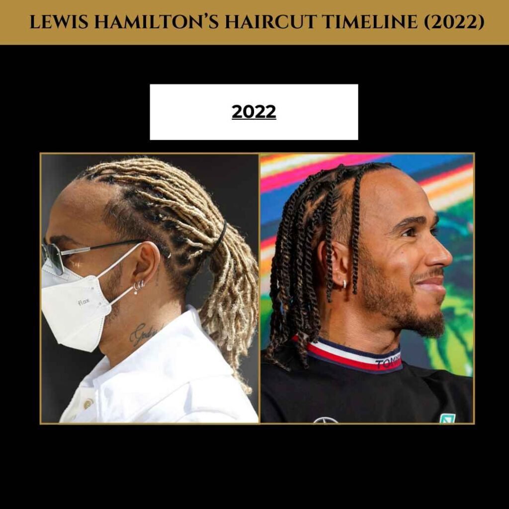 lewis-hamilton-haircut-timeline-2022 Lewis Hamilton’s 2022 haircut timeline featuring blonde dreads and two-strand twists.